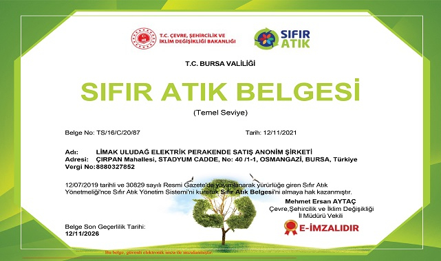 'Sıfır Atık Belgesi' almaya hak kazandı - Limak Enerji Uludağ Elektrik !