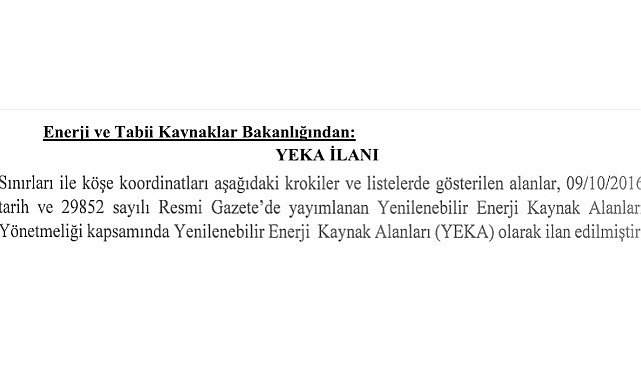Yeni YEKA ilanlı yayınladı - Enerji Bakanlığı!